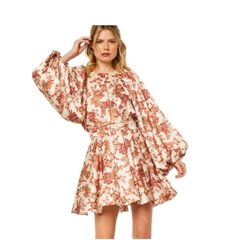 Misa Los Angeles Kara Dress Falling Floral Satin Mini Dress Sz S Ruched Cut-Out